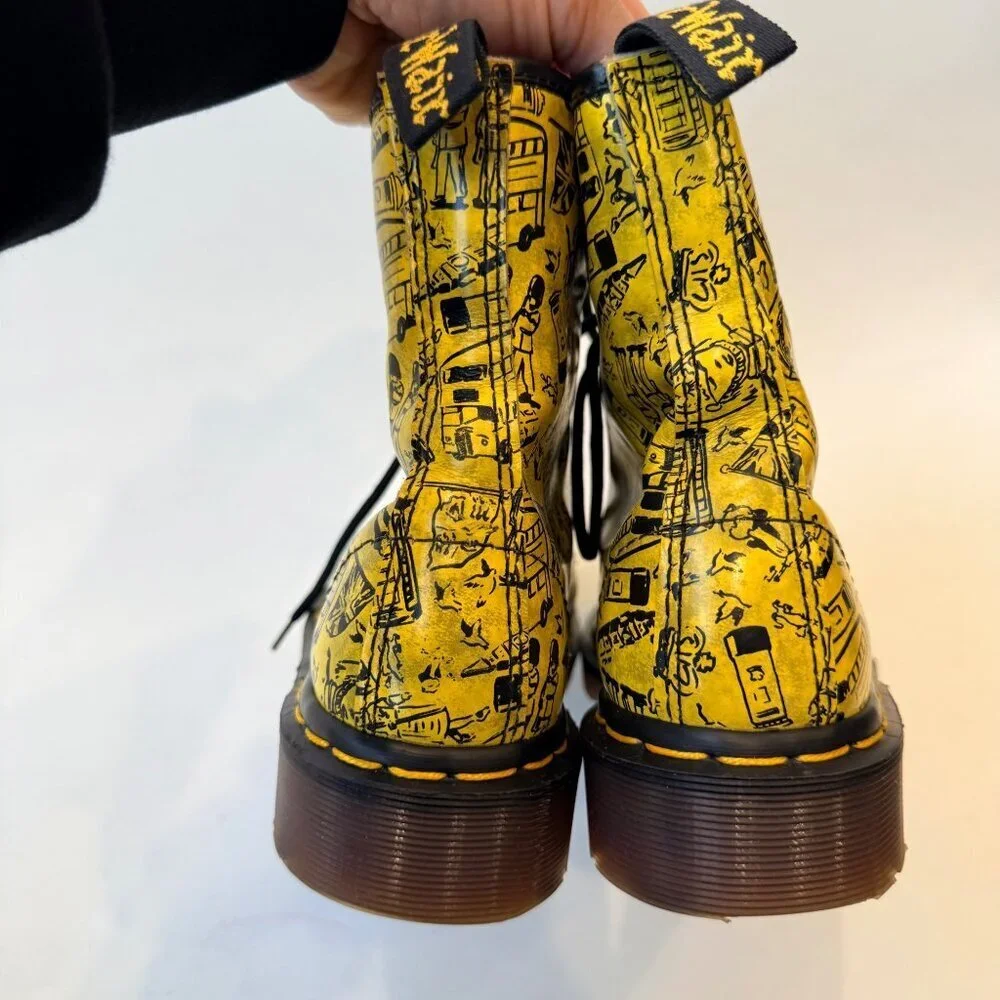 Dr. Martens 1460 London Icons Yellow Print Boots Women’s Size 6 (UK 4) Rare Vint - Picture 3 of 11